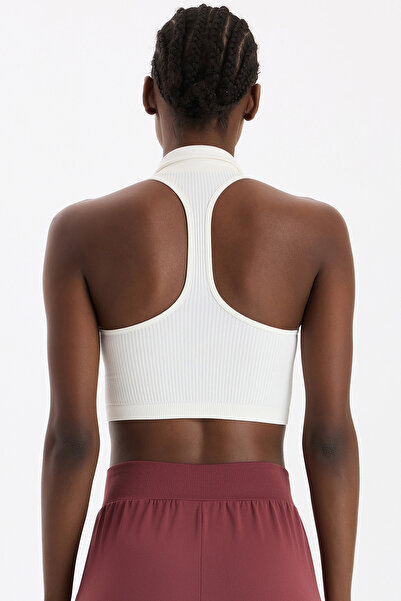 COMEUP Zippered Padded Polo Neck Crop Top Off White