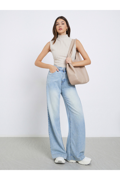 Styli بنطلون جينز نسائي أزرق باهت بخصر عالٍ أرجل واسعة