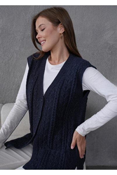 Stilmony Women's Knitwear Lace-Like Knit Mother's Wool Vest with Pocket Detail