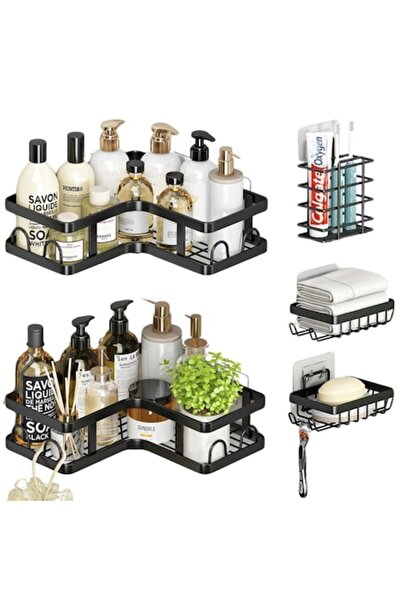 varioshop Set de rafturi pentru baie, format din 5 piese: 3 coșuri și 2 rafturi de colț, suspendate, rezistente la umezeală, negre