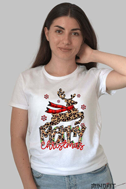 GILDAN Tricou De Craciun Ren Leopard Cu Esarfa Rosie Dama