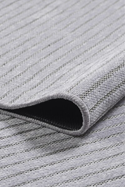 Badelya Home Açık Gri Şönil Makinada Yıkanabilir Kaymaz Taban Saçaklı Pamuk Halı Kilim Yolluk Oturma Odası Salon