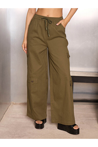 Sassafras By Styli Women Olive Solid Twill Drawstring Cargo Pants