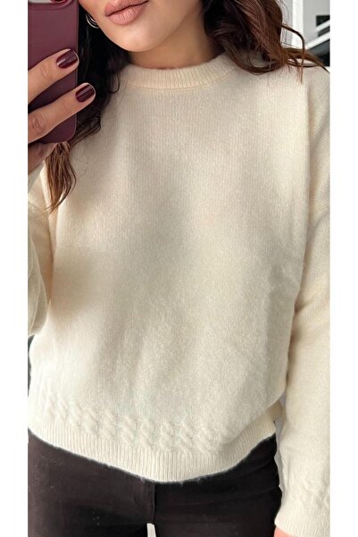 Oslove Ecru Self-Furred Knitwear Sweater