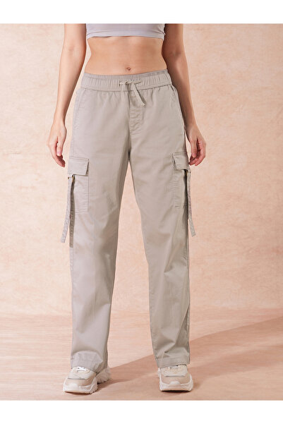 Globus By Styli Grey Cotton Mid-Rise Wide Leg Cargo Trousers