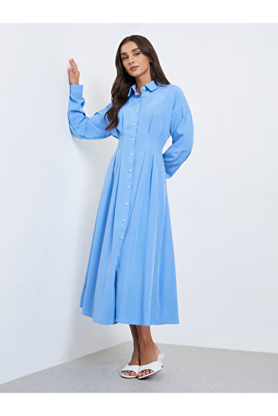 Styli Blue Midi Shirt Dress with Fold Pleat
