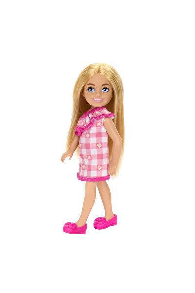 Barbie Chelsea doll, blonde with pink checkered dress