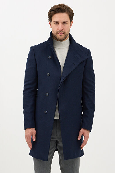 Frappoli Pagano Men's Navy Blue Shawl Collar Slim Fit Cashmere Coat