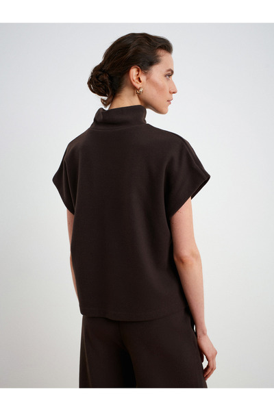 Dilvin 32148 Mock Neck Knitted Top-Dark Brown