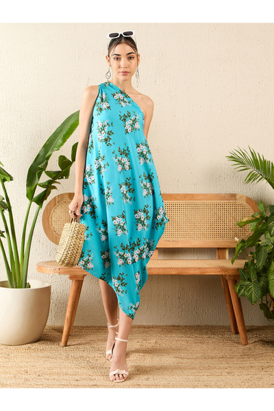 Uptownie By Styli Blue Asymmetric One Shoulder Crepe Dress