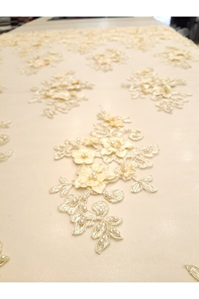 Safir Kumaş Uçuk Limon Sarı Uçları Dilimli 3 Boyut Çiçekli Taş İşlemeli Dante...