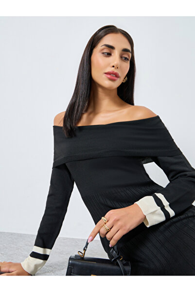 Styli Color Block Off Shoulder Sweater Midi Dress