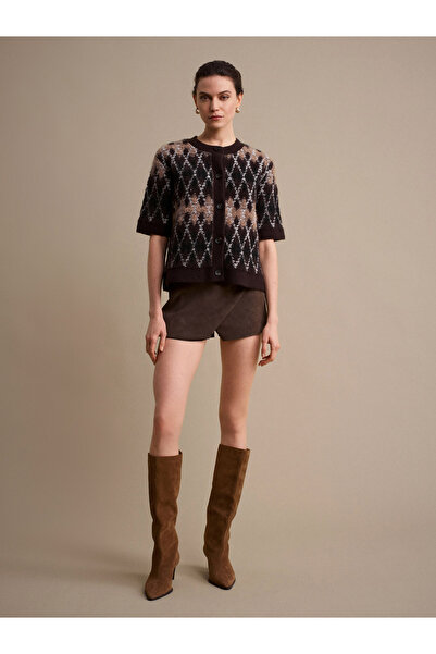 Dilvin 61000 Wool Blend Diamond Pattern Knitwear Cardigan - Acı Brown