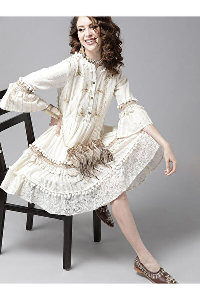 Ishin By Styli Pom Pom Trim Lace Detail Knee Length Dress