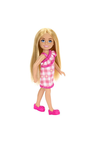 Barbie Chelsea doll, blonde with pink checkered dress