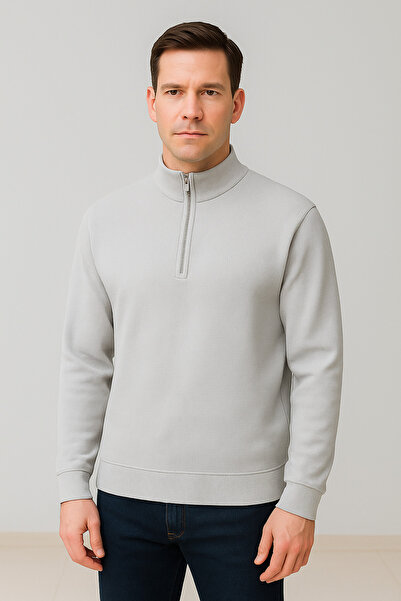 Maccali Men's Zippered Polo Neck Loose Long Gray Knit Sweater