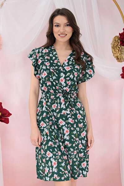 Trend Land Green dress with printed roses and drawstring at the waist