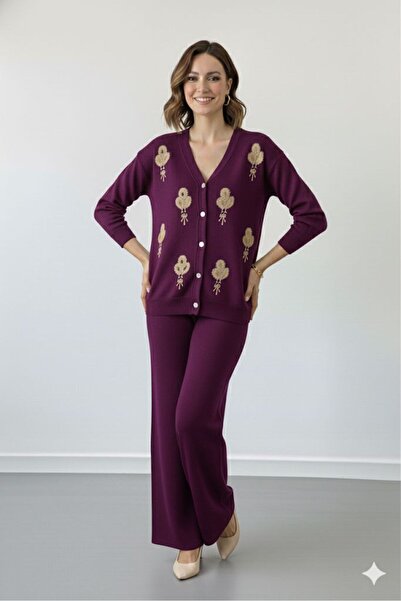 Cemre Life New Deux Two-Button Sequin Embroidery Detailed Knitwear Set