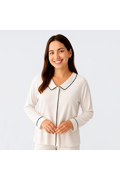 Penelope Cozy Collar Peter Pan collar Button Viscose Pajama Set - Ecru/M