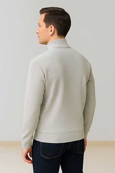 Maccali Men's Zippered Polo Neck Loose Long Gray Knit Sweater