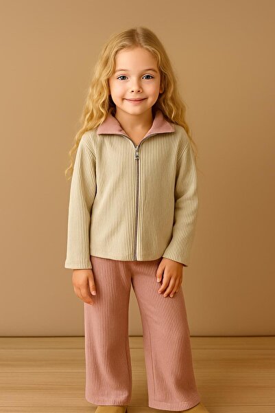 RAPAPA Girl's Rib Fabric Zippered Top & Wide Leg Bottom Set – Beige / Dusty Rose 1411