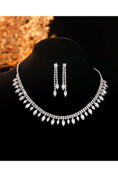 shopidik Lüks Markiz Taşlı Gümüş Renk Kolye Küpe Seti - Düğün Nişan Takısı
