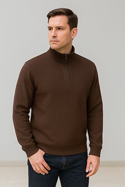 Maccali Men's Zippered Polo Neck Loose Long Brown Knit Sweater