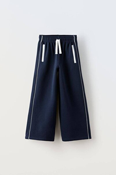 La ciel Paris Hei Navy Blue Slogan Polo Neck T-Shirt Wide Sweatpants Bottom Top Set Girl Child