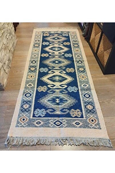OEM Traditional woven double-sided rug, size 80 x 200 cm blue and cream 004