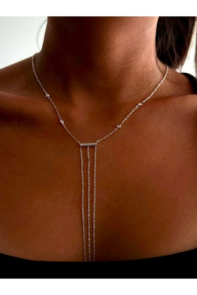 Store VIP Seri Gümüş Rengi Bar Detaylı Üçlü Zincir Sarkaç Kolye | Minimalist Y Lariat