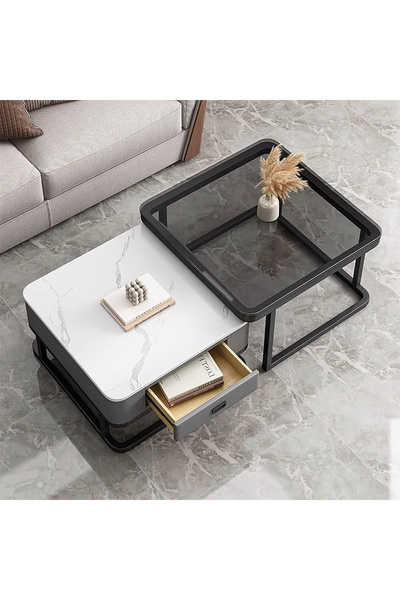 KEKE Light luxury modern simple round small apartment rock plate coffee table 70cm Grey&White&Black