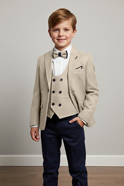 Merdia Kids Boy's Suit (Handkerchief Detailed Jacket, Vest, Bow Tie, White Shirt and Trousers) Zargos