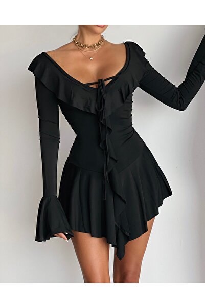 Elia Swimwear Short Pleated Dress Black Chalk