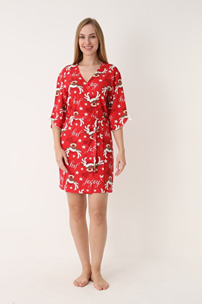 Serena Women's Christmas robe, red, 3/4 sleeves, reindeer print