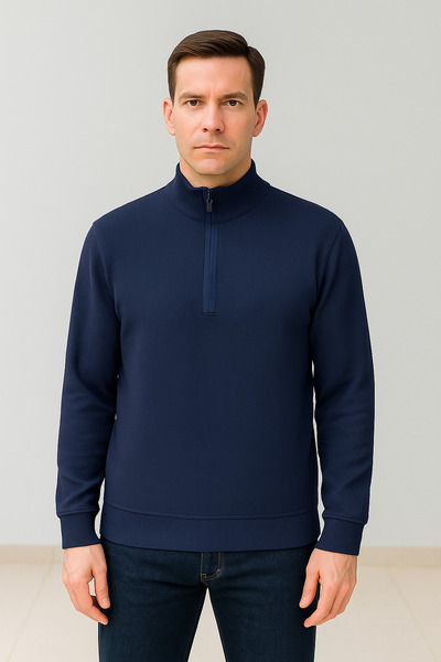 Maccali Men's Zippered Polo Neck Loose Long Navy Blue Knit Sweater