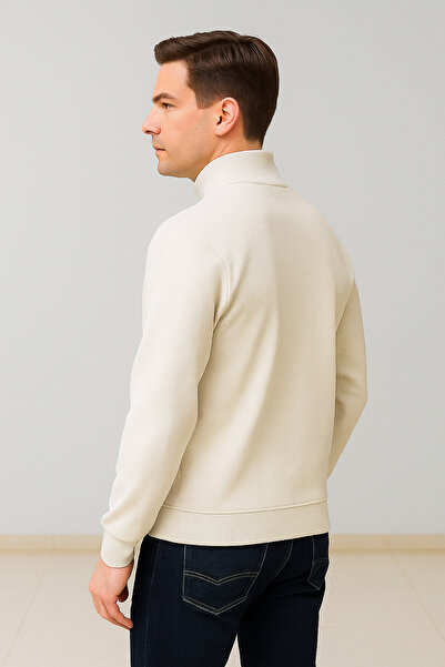 Maccali Men's Zippered Polo Neck Loose Long Cream Knit Sweater