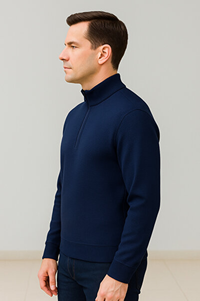 Maccali Men's Zippered Polo Neck Loose Long Navy Blue Knit Sweater