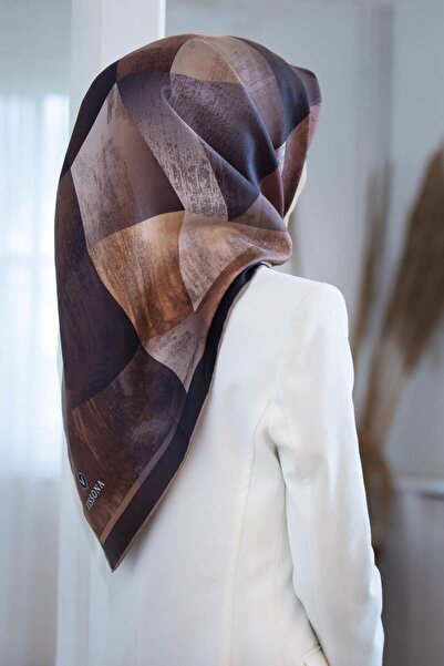 Vissona % 57 İPEK % 43 VİSKON Twill İpek Geometrik Desenli Soğan Kabuğu - Bej...