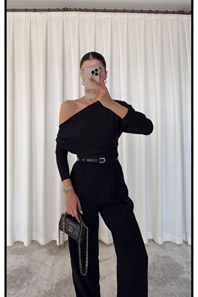 HAVİ OFFİCİAL Kadın Düşük Omuz Drapeli Asimetrik Kesim Krep Bluz