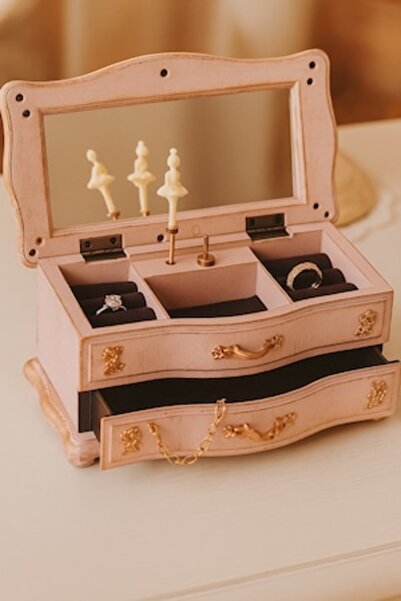 BLA BLA FOAM Cutie muzicală de bijuterii cu oglindă, accent floral, roz paste...