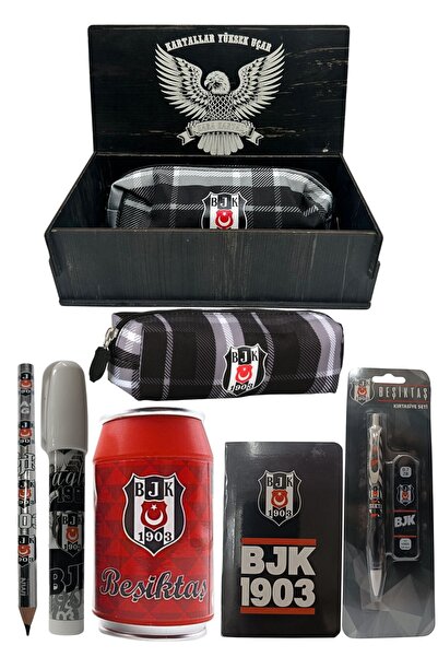 Beşiktaş Original Licensed Red Box Pencil Sharpener Wooden Boxed 6-Piece Stationery Set