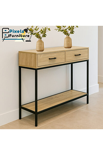 PixelsFurniture Pixel Furniture entry table, console with two drawers and a lower shelf, with a wooden top and versatile metal edges.