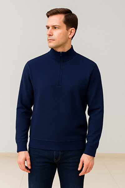 Maccali Men's Zippered Polo Neck Loose Long Navy Blue Knit Sweater