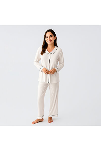 Penelope Cozy Collar Peter Pan collar Button Viscose Pajama Set - Ecru/M