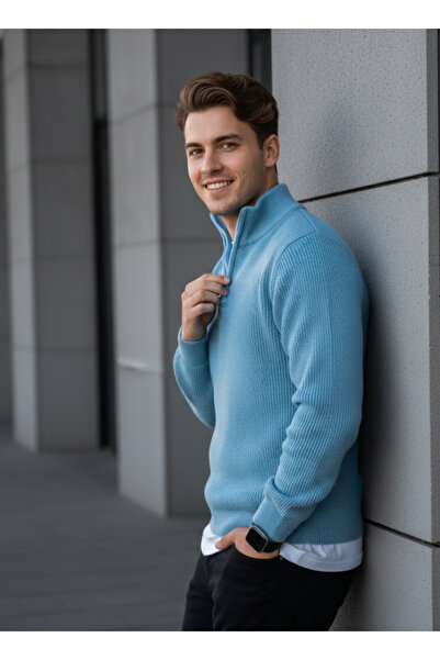 Alex Rosen Blue Knitwear Half Zipper Thick Sweater