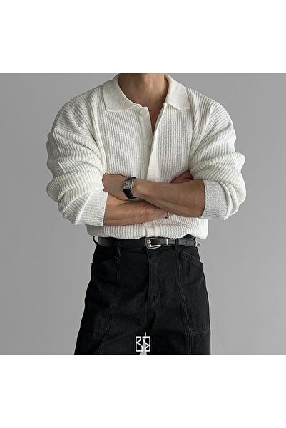 Tarz Cool White Button Detailed Regular Fit Cardigan