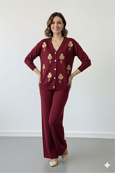 Cemre Life New Deux Two-Button Sequin Embroidery Detailed Knitwear Set