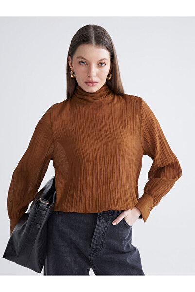 LC Waikiki Stylish and Timeless Beige Mock Neck Textured Blouse