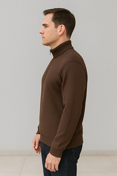 Maccali Men's Zippered Polo Neck Loose Long Brown Knit Sweater