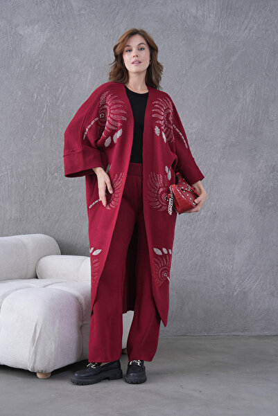 Miss Allos Women's Beaded Wide-Fit Knitwear Cardigan and Pants Bottom-Top Set